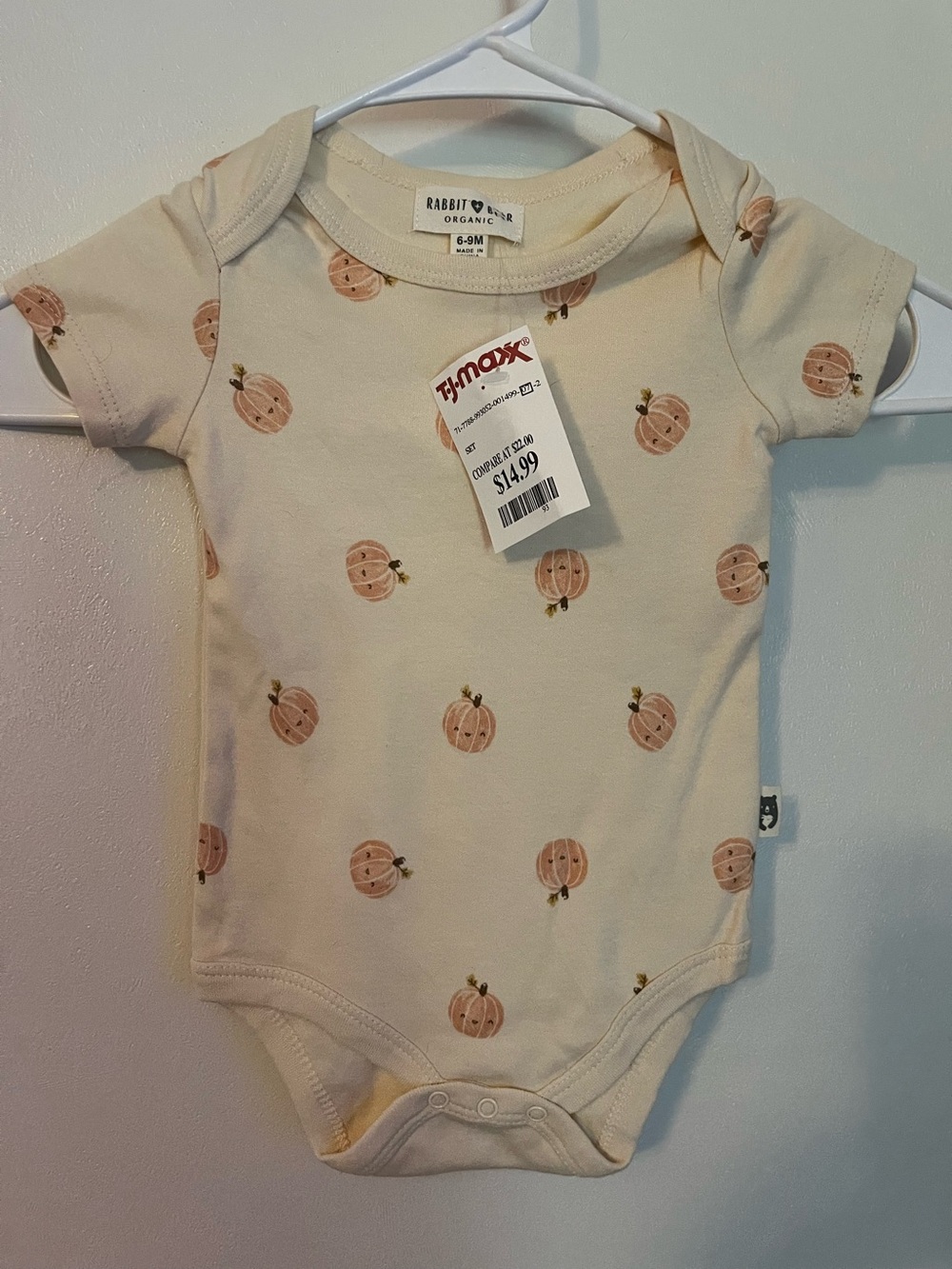 6-9 month Rabbit and bear Cream Pumpkin onsie.  New with tags